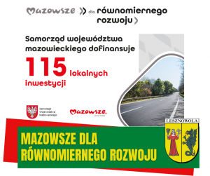 Żółty napis Mazowsze dla równomiernego rozwoju na zielonym pasku. W tle lusterko, w którym odbija się ulica.