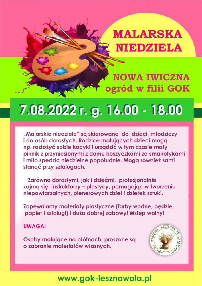 Różowy napis Malarska Niedziela na żółtym tle. Po lewej stronie znajduje się paleta z kolorami.