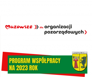 Żółty napis "Program współpracy na 2023 rok" na zielonym tle Z prawej strony herb gminy Lesznowola.