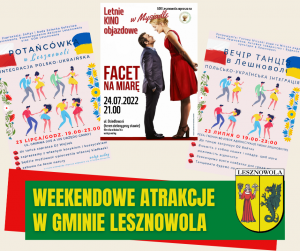 Żółty napis Weekendowe atrakcje w Gminie Lesznowola na zielonym pasku. W tle trzy plakaty.