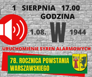 Żółty napis "78. rocznica Powstania Warszawskiego" na zielonym pasku. W tle szare cegły.