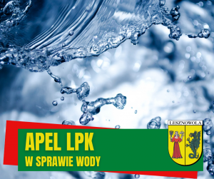Żółty napis Aperl LPK w sprawie wody na zielonym pasku. W tle znajduje się woda.