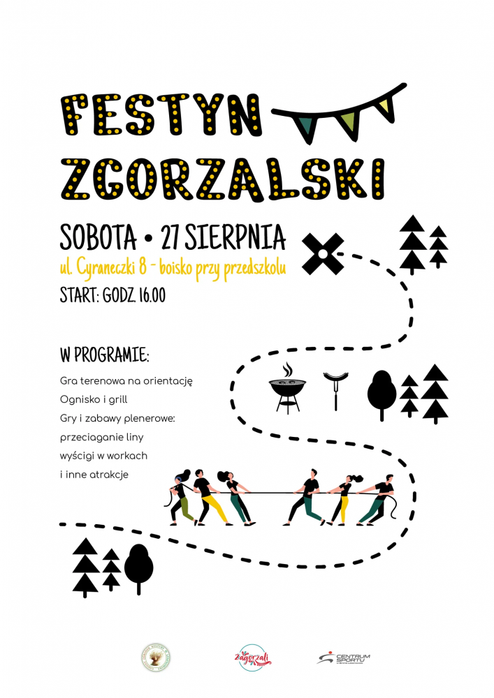 Na plakacie znajduje się napis FESTYN ZGORZALSKI oraz mapa na któym widać przeciąganie liny, gril i miejsce docelowe.
