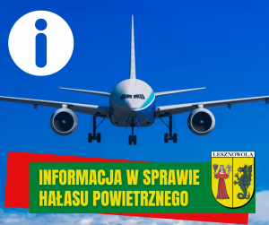 Żółty napis "Informacja w sprawie hałasu powietrznego" na zielonym pasku. W tle leci samolot.