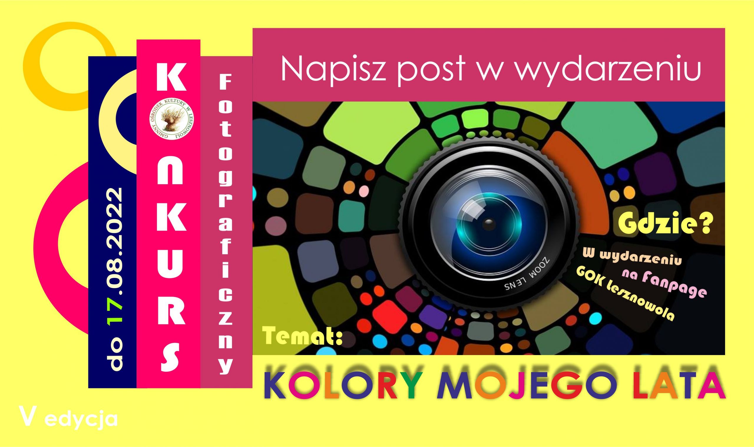 Kolorowy napis Kolory Mojego Lata na żółtym tle.