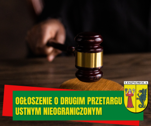 Żółty napis "Ogłoszenie o drugim przetargu ustnym nieograniczonym" na zielonym pasku. W tle znajduje się młotek aukcyjny.