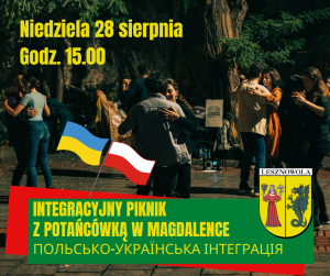 Żółty napis "IntegracyjnY piknik Z pOTAŃCÓWKĄ w Magdalence Польсько-українська інтеграція" na zielonym pasku. W tle tańczą pary.