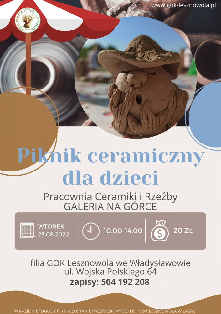 Niebieski napis Piknik ceramiczny dla dzieci" na obrazku znajduje się gliniana postać.