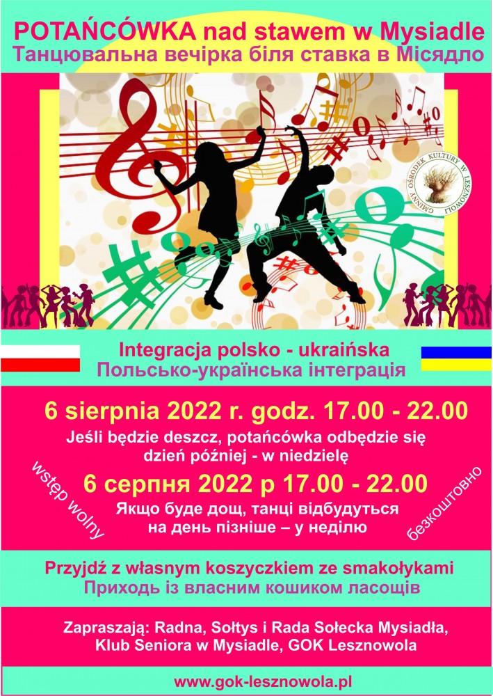 Kolorowy plakat reklamujący Integracyjną potańcówkę w Mysiadle.