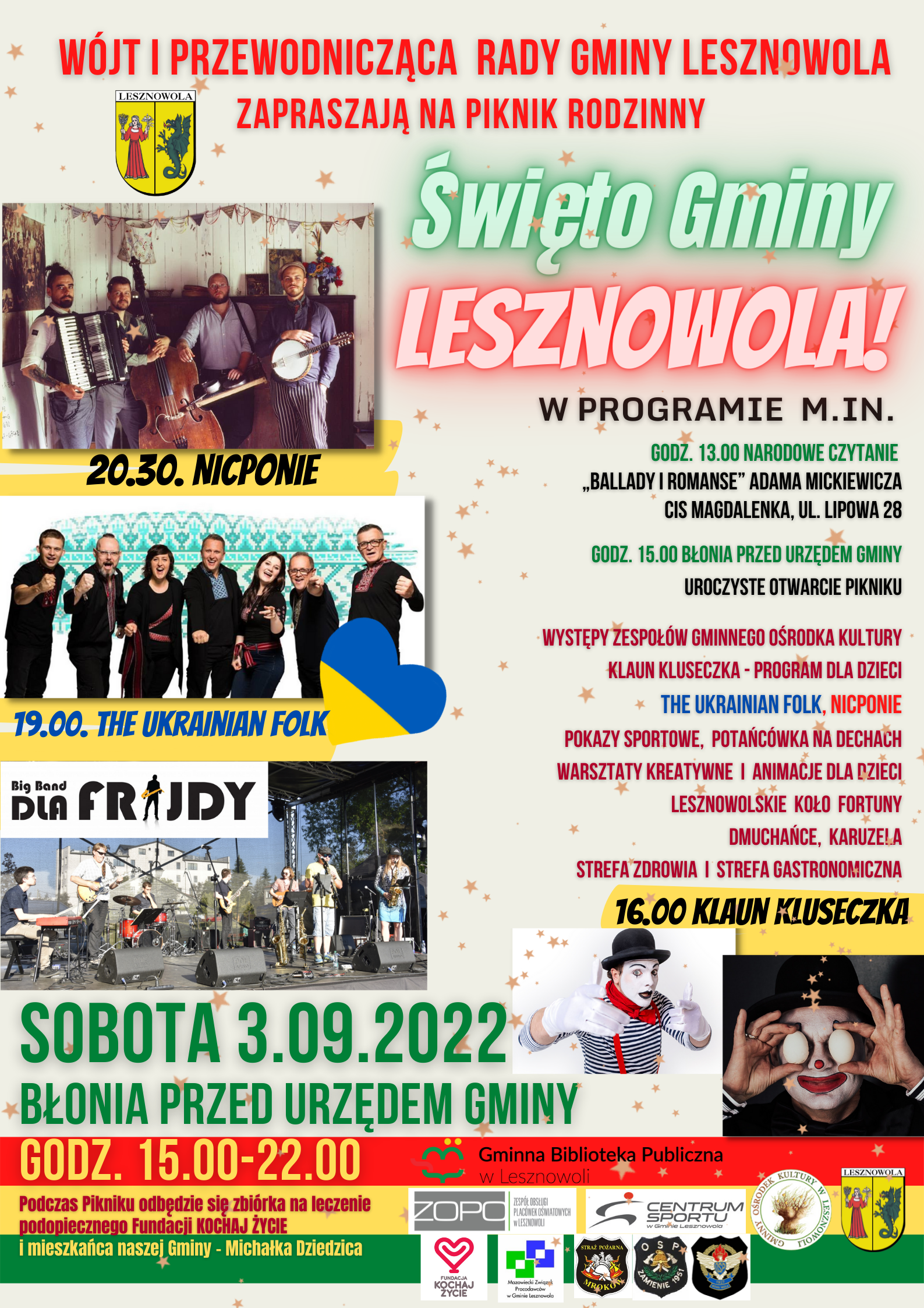Kolorowy napis Święto Gminy Lesznowola! na plakacie znajduje się zdjęcia zespołów oraz klauna kluseczki.