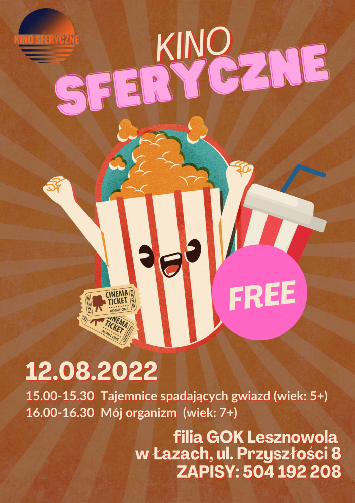 Na obrazku znajduje się popcorn, napój, dwa bilety i napis FREE.