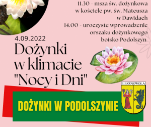 Żółty napis "Dożynki w Podolszynie" na zielonym pasku. W tle lilie wodne.
