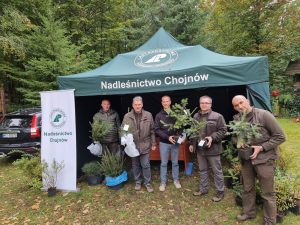 Zieleń, na tle zielonego namiotu stoi kilka osób z sadzonkami drzewek w dłoniach.