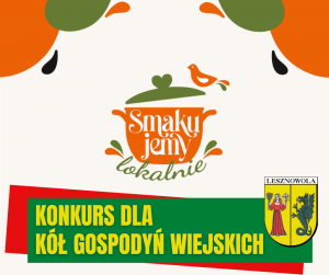 Żółty napis "Konkurs dla Kół Gospodyń Wiejskich" na zielonym pasku. W tle obrazek garnka.