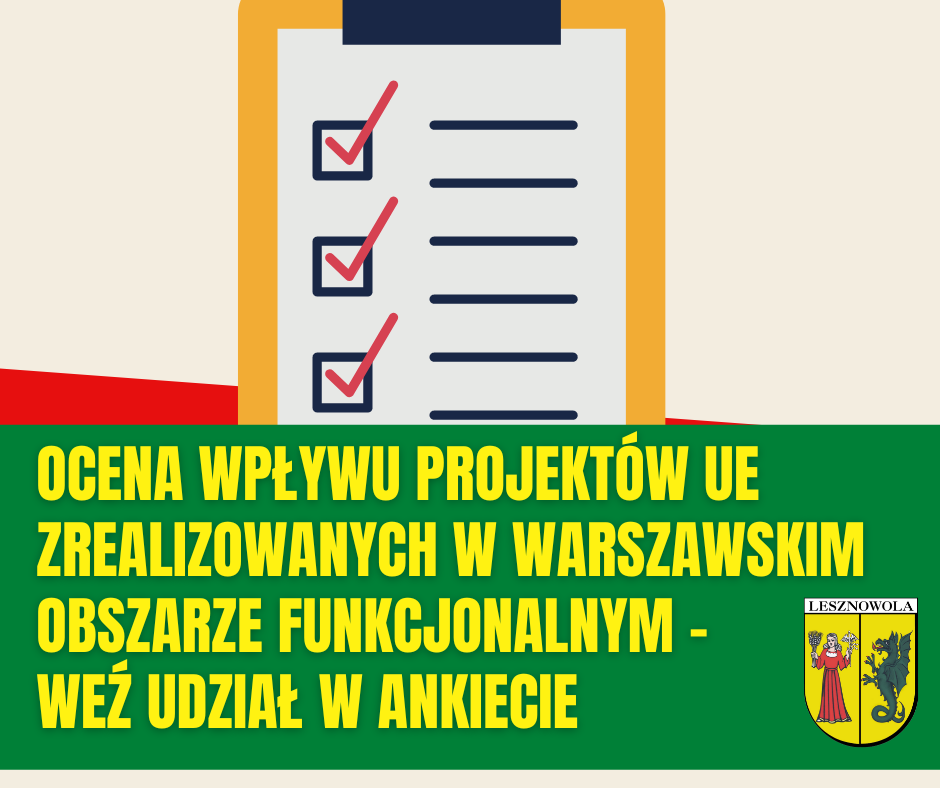 Na zielonym pasku napis: Ocena wpływu projektów UE zrealizowanych w Warszawskim Obszarze Funkcjonalnym - weź udział w ankiecie.