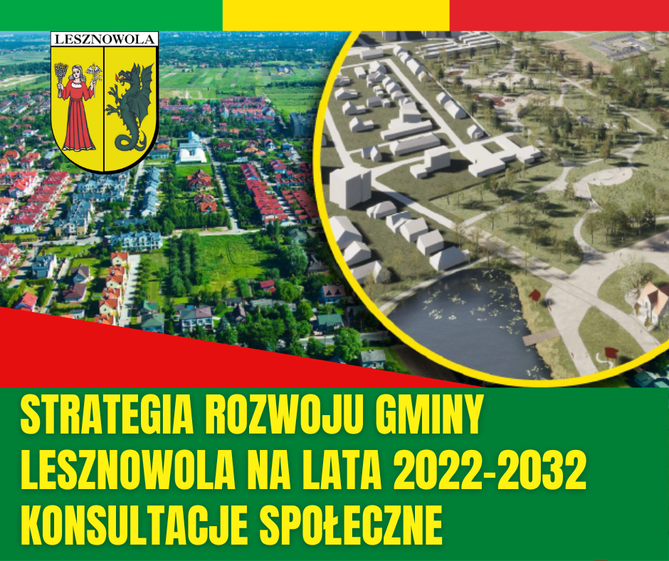 U góry trzy paski: zielony, żółty i czerwony poniżej po lewej od góry herb gminy w polu głównym zdjęcia lotnicze miejscowości. Na dole na zielonym pasku napis: Strategia Rozwoju Gminy Lesznowola na lata 2022-2032 konsultacje społeczne.