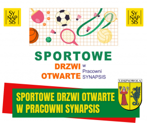 Żółty napis "Sportowe drzwi otwarte w Pracowni SYNAPSIS" na zielonym pasku. W rogach znajdują się loga Fundacji SYNAPSIS.