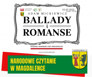 Napis BALLADY I ROMANSE umiesczony w czarnej ramce, poniżej na zielonym pasku napis: NARODOWE CZYTANIE W MAGDALENCE. na dole po prawej herb gminy.