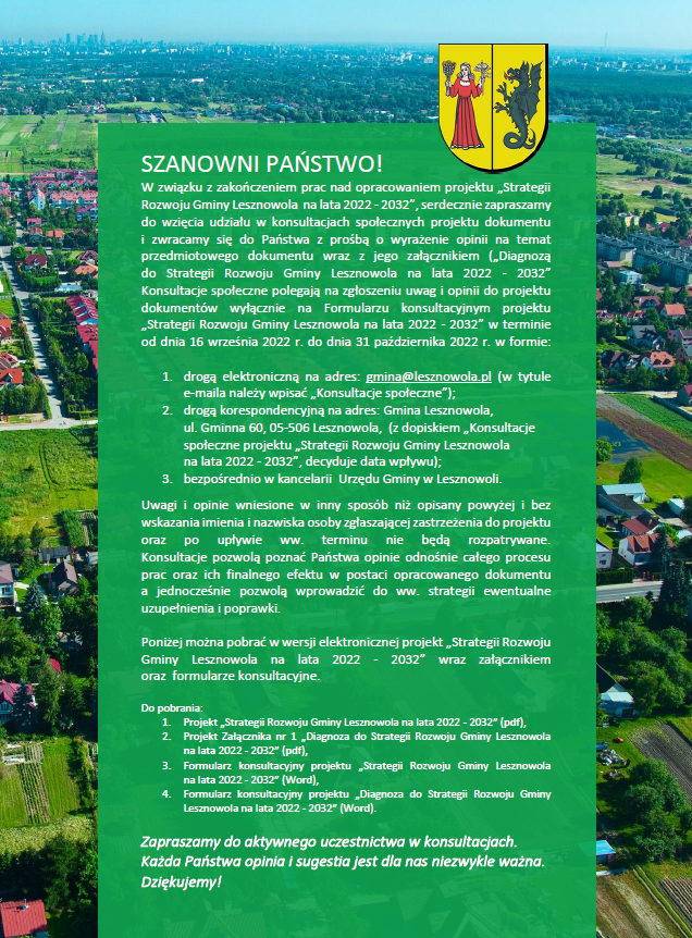 plakat z tekstem na zielonym tle, u góry herb gminy