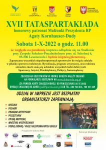 Plakat na żółtym tle promujący TATASPARTAKIADĘ