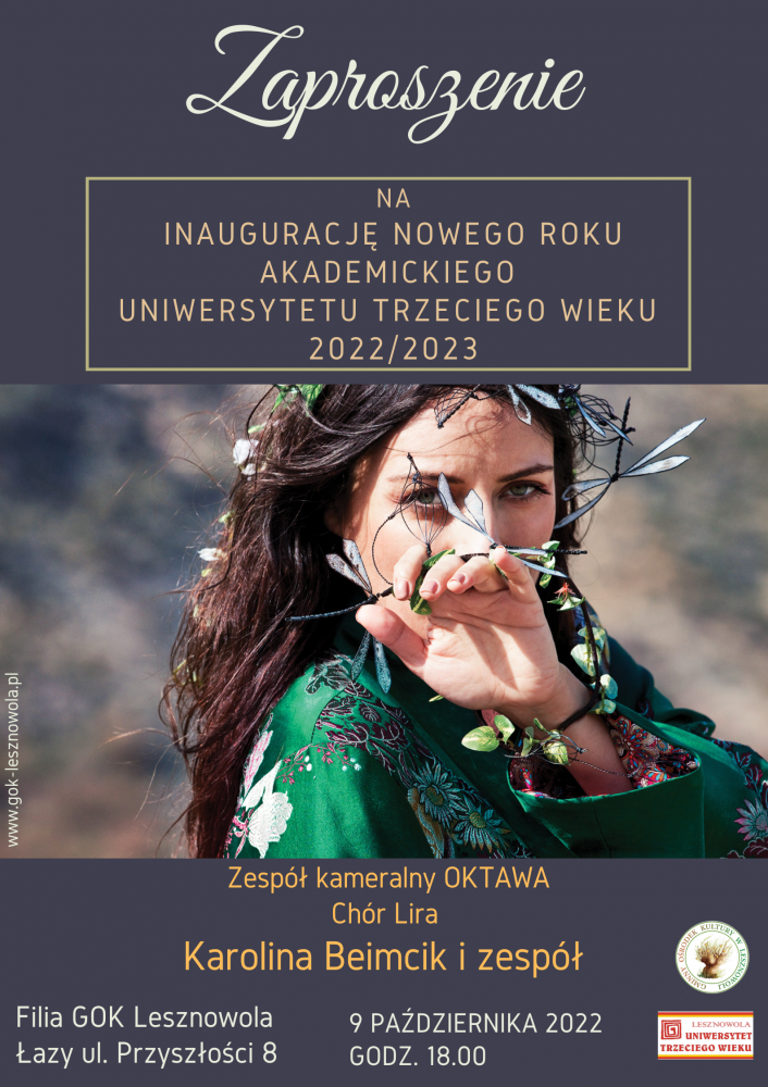 Na plakacie znajduje się kobieta z kwiatkami we włosach.