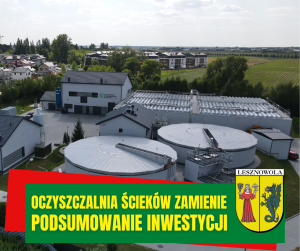 Budynki oczyszczali, na dole zielony pasek z napisem żółtymi literami:OCZYSZCZALNIA ŚCIEKÓW W ZAMIENIU PODSUMOWANIE INWESTYCJI. Na dole z prawej herb gminy.
