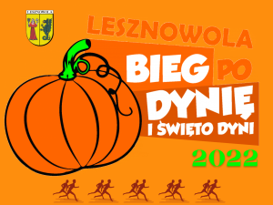 W lewym górnym rogu znajduje się Herb Gminy Lesznowola. Po środku znajduje się pomarańczowa dynia i biały napis BIEG DYNIĘ i ŚWIĘTO DYNI.