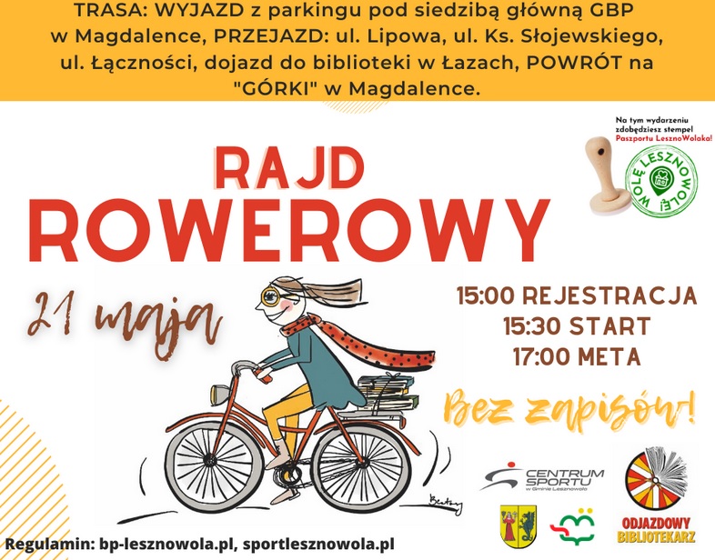Plakat dotyczący rajdu rowerowego pt. Odjazdowy Bibliotekarz. Na obrazku postac jedzie na rowerze.