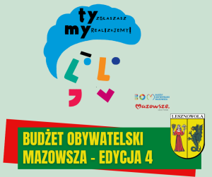 Żółty napis "Budżet Obywatelski Mazowsza – edycja 4" na zielonym pasku.