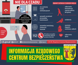 Żółty napis Informacja Rządowego Centrum Bezpieczeństwa na zielonym pasku.