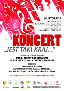 biało-czerwono-szary plakat promujący koncert "Jest taki kraj"