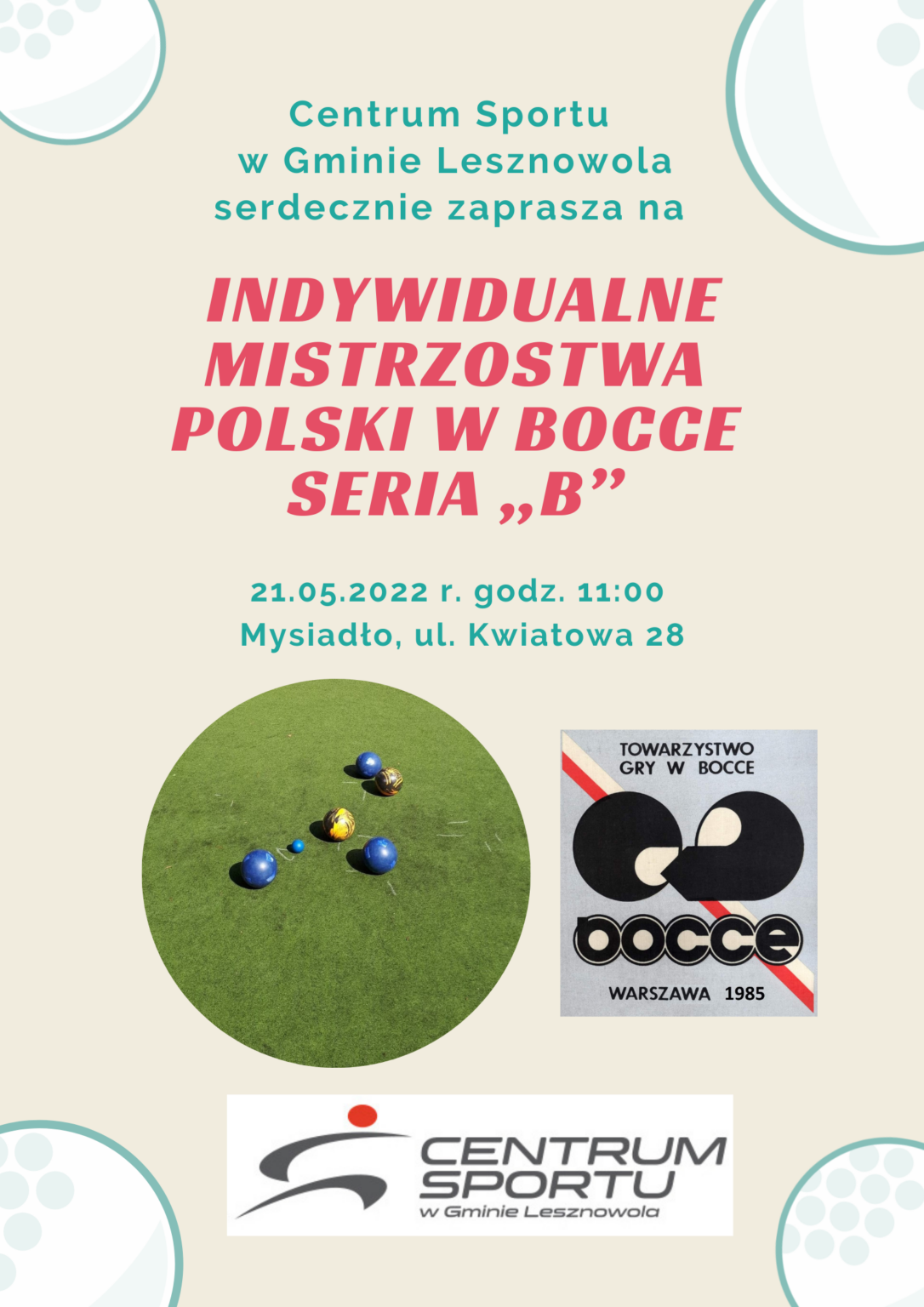 Plakat dotyczący Indywidualne Mistrzostwa Polski w Bocce. Na plakacie obrazki przentujące dyscyplinę (gra kulami).