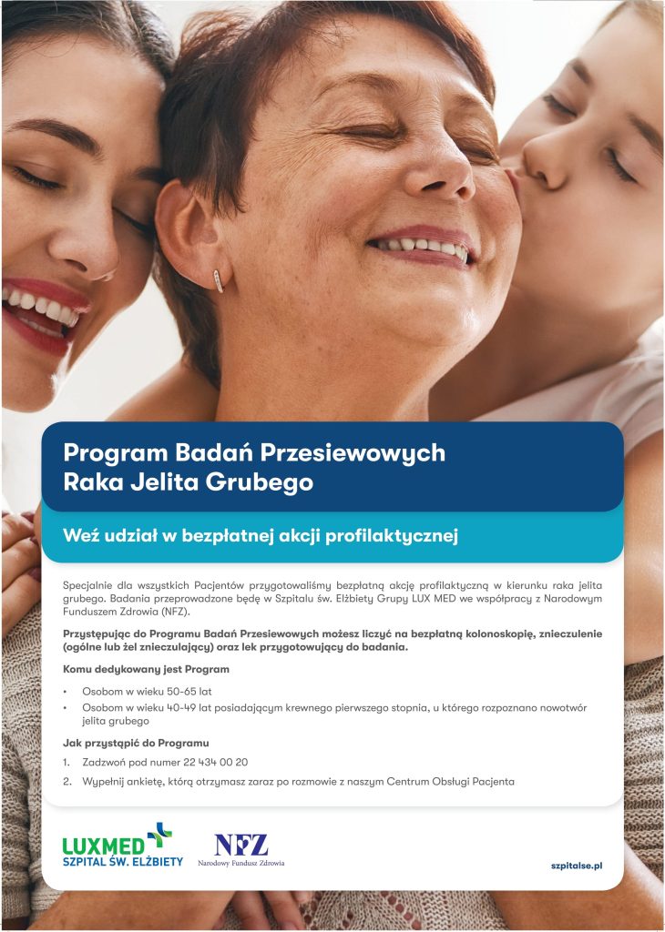 Osoby w różnym wieku, na polu tekstowym m.in. napisy: program Badań Przesiweowych Raka jelita Grubego. Weź udział w bezpłatnej akcji profilaktycznej.