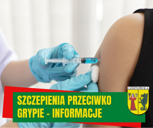 Żółty napis Szczepienia przeciwko grypie - informacje na zielonym pasku. W tle osoba przyjmuje zastrzyk z niebieskim płynem.