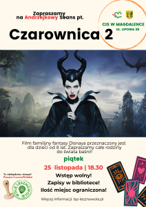 Zdjęcie Czarownicy. W górnej części plakatu czarny napis Czarownica. Poniżej 25.11. godz. 18.30