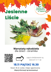 miska ceramiczna w kształcie liścia. Napis Jesienne liście. Warsztaty ceramiczne 18.11.2022