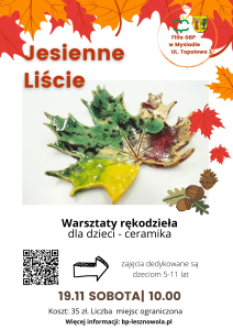 miska ceramiczna w kształcie liścia. Napis Jesienne liście. Warsztaty ceramiczne 19.11.2022