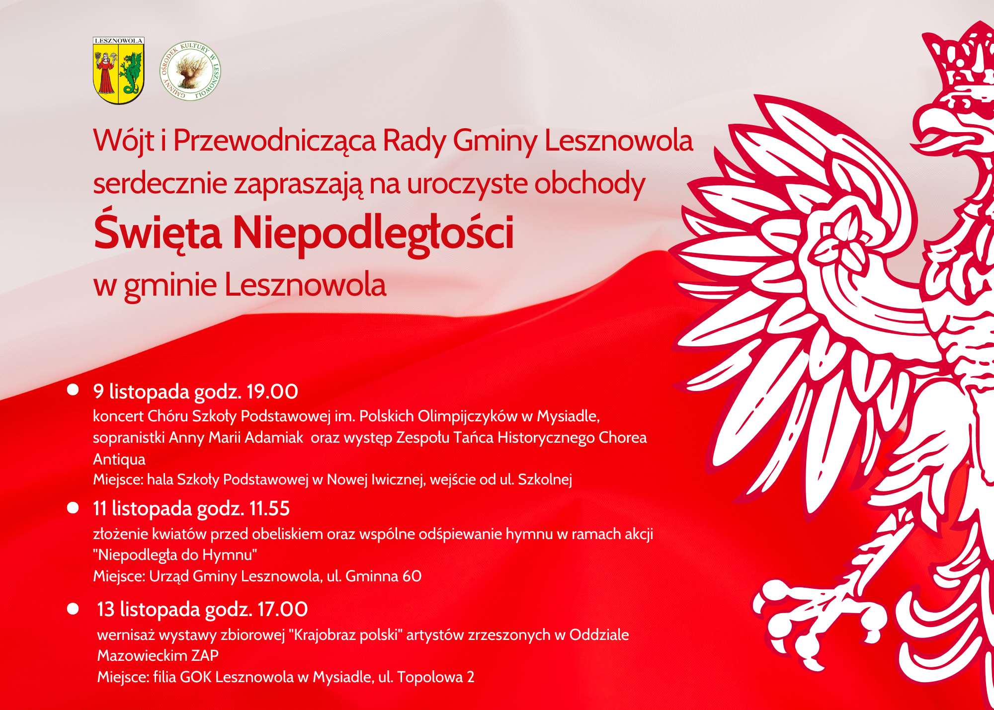 Biało-czerwone tło, wizerunek białego orła w koronie po prawej (połowa wizerunku). 