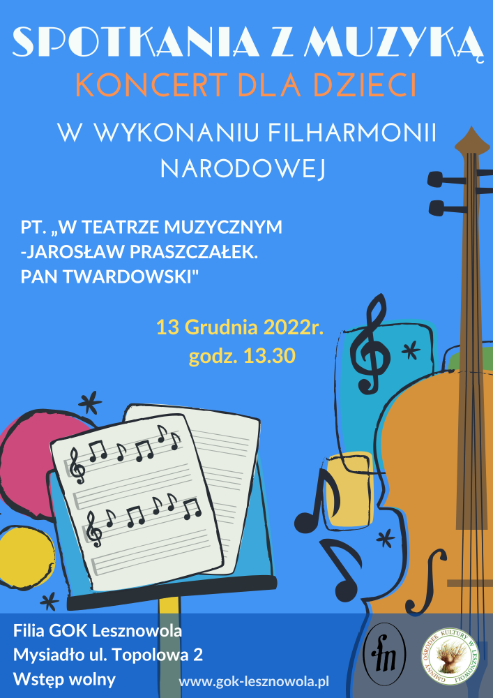Niebieski plakat z narysowanymi instrumentami muzycznymi.