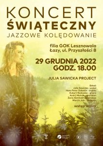 Plakat w kolorach żółci, sepii reklamujący koncert Świąteczny Jazzowe Kolędowanie. Po lewej sylwetka kobiety wtopiona w tło. 