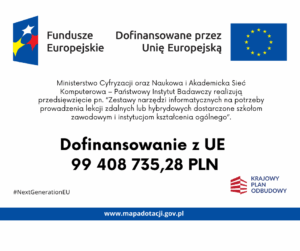 Na obrazku na białym tle jest informacja o dofinansowaniu przedsięwzięcia na zestawy narzędzi informatycznych na potrzeby prowadzenia lekcji zdalnych i hybrydowych.