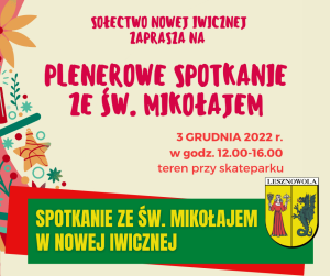 Żółty napis " Spotkanie ze św. Mikołajem w Nowej Iwicznej" na zielonym pasku. Z lewej strony znajduje się narysowana, zdobiona choinka.