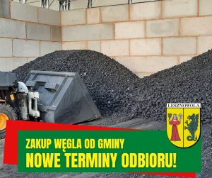 Węgiel kamienny, spycharka. Na dole na zielonym pasku napis: NOWE TERMINY ODBIORU