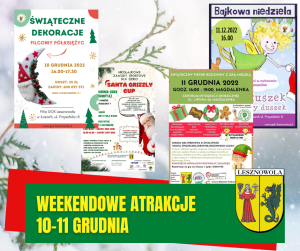 Cztery kolorowe plakaty o tematyce świątecznej, na dole na zielonym pasku napis: WEEKENDOWE ATRAKCJE 10-11 GRUDNIA, obok po prawej herb gminy.