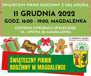Żółty napis Świąteczny Piknik Rodzinny z Grą Terenową w Magdalence na zielonym pasku. Wyżej znajdują się obrazki (prezent, mapa, wianek, ciastek i stempel).