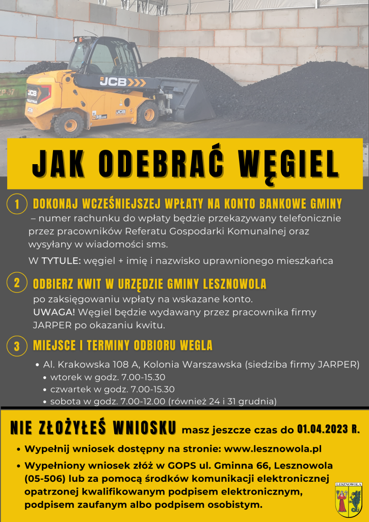Grafika wegla oraz koparki. Poniżej na żółtym pasku napis JAK ODEBRAĆ WĘGIEL. 