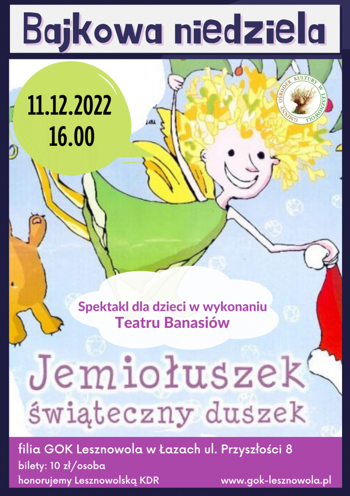 Na plakacie znajduje się blond włosy duszek, który trzyma czapkę św. Mikołaja.