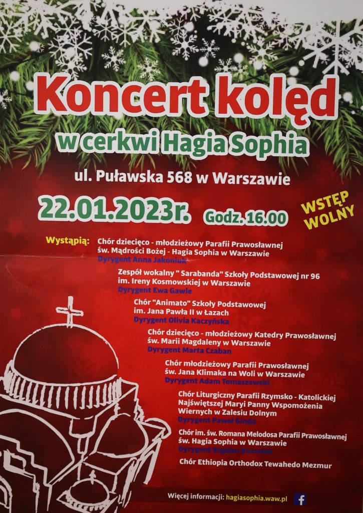 Zdjęcie plakatu promującego Koncert kolęd w Cerkwi Hagia Sophia w Warszawie
