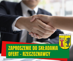 Żółty napis Zaproszenie do składania ofert – rzeczoznawcy na zielonym pasku. Mężczyzna podaje rękę.