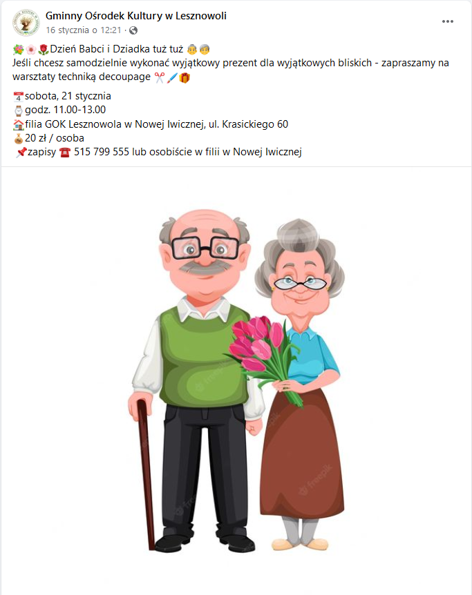 Obrazek babci i dziadka podpierającego się laską.